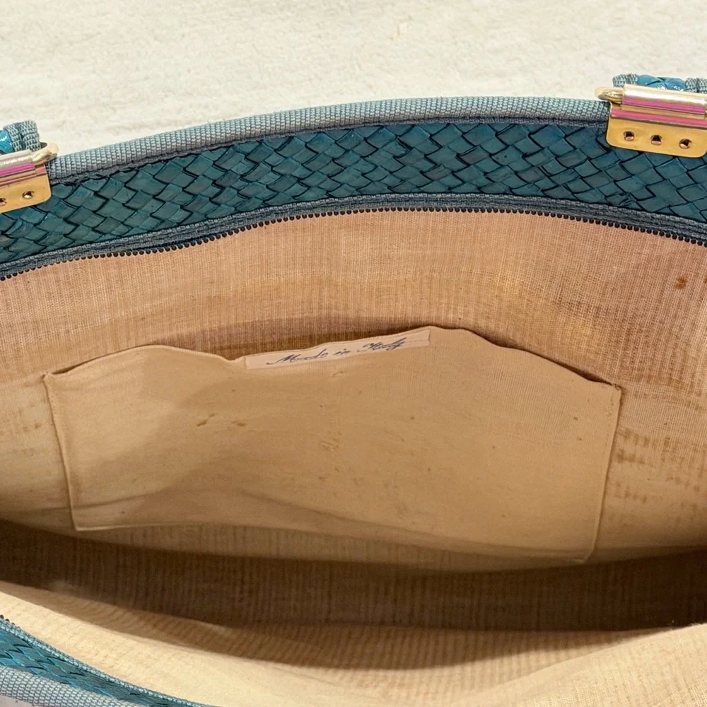 Vintage Woven Straw Tote Bag Colorblock Pink Teal Mustard Made in Italy - Picture 7 of 10